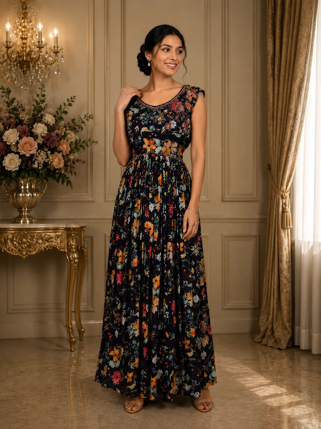 Dark Purple Floral Printed Design Chiffon Fancy Gown
